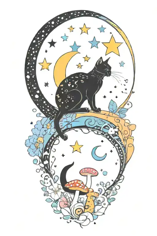 black cat with colorful mushrooms and crescent moon and clouds and stars melting  tattoo design idea