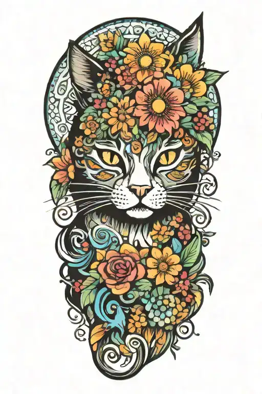 hippie cat with colorful flowers and sun tattoo design idea