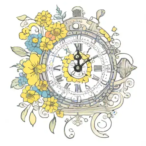yellow submarine with colorful flowers and clock tattoo design idea