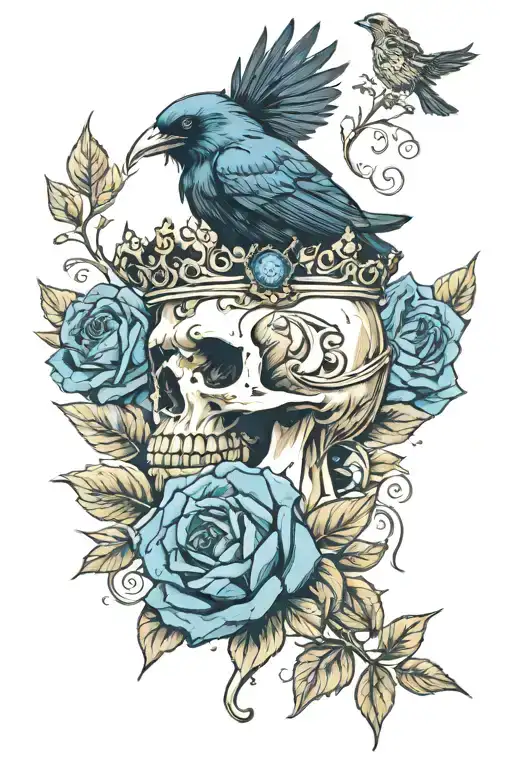 raven wearing crown with blue rose and skull tattoo design idea