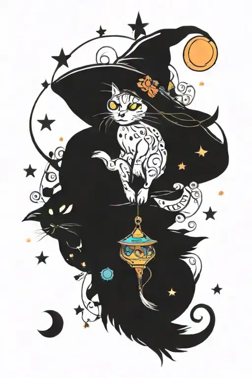 witch cat with moon and stars and colorful mushrooms trippy  tattoo design idea