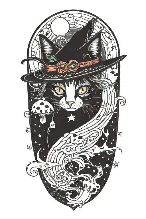 witch cat with moon and stars and colorful mushrooms and bats tattoo design idea