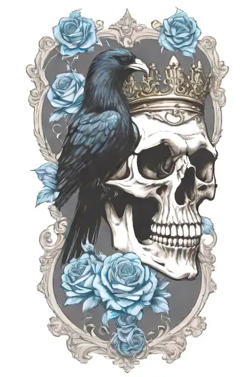 skull wearing crown with raven on and blue roses intertwined tattoo design idea