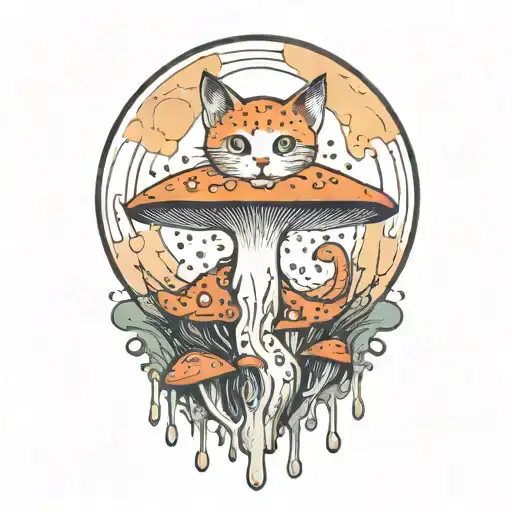 melting mushroom cat with moon tattoo design idea