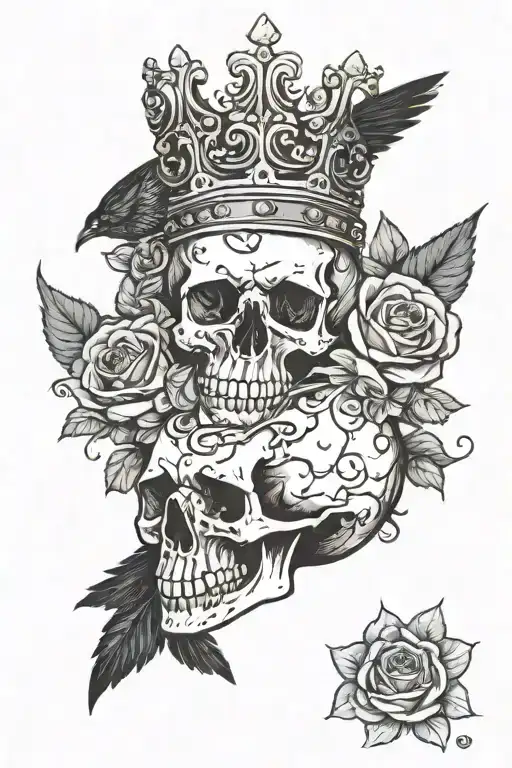 skull wearing crown with raven on and blue roses intertwined tattoo design idea