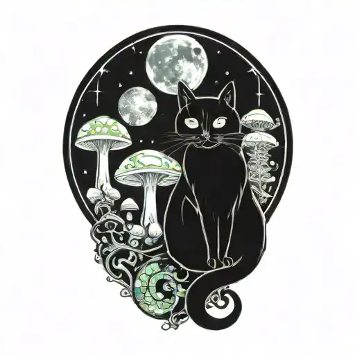 moon with black cat and colorful mushrooms tattoo design idea