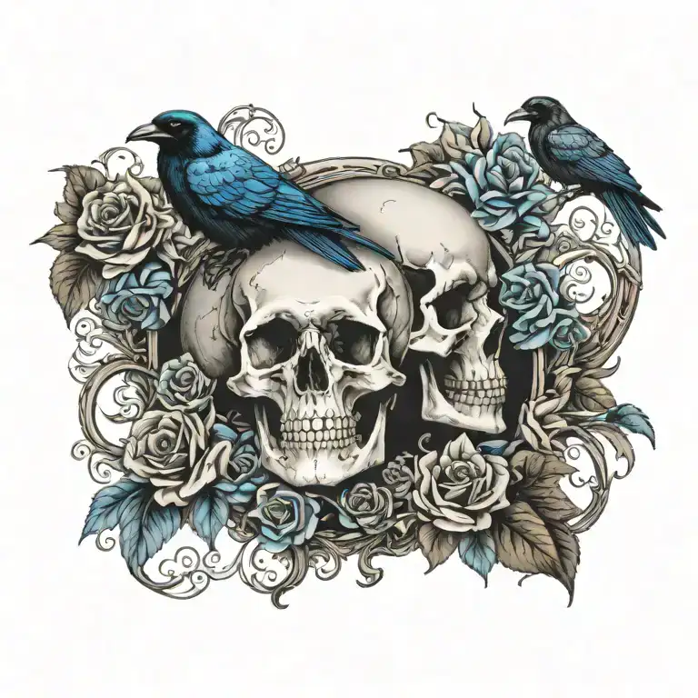 moon and raven perched on a skull with blue roses  tattoo design idea