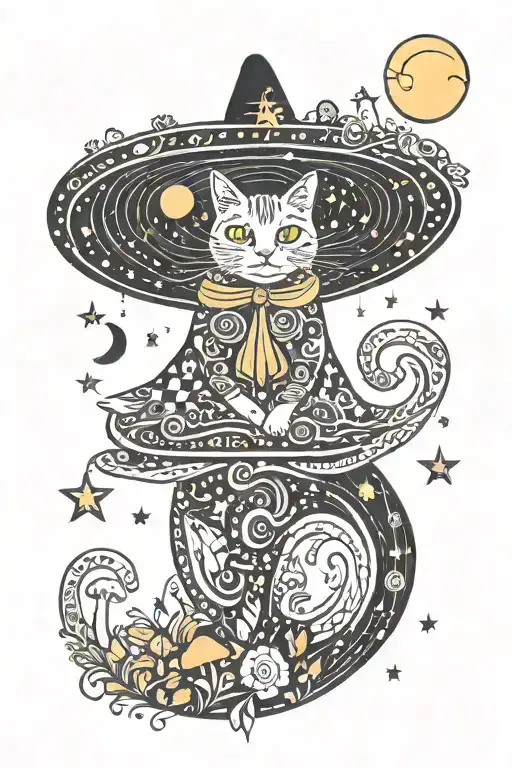 witch cat with moon and stars and colorful mushrooms trippy  tattoo design idea