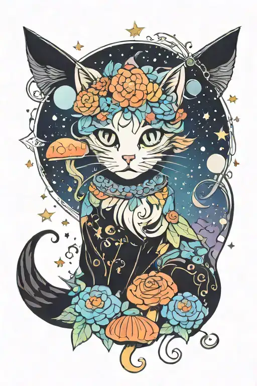 witch cat with moon and stars and colorful mushrooms trippy  tattoo design idea