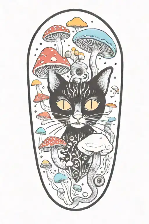 black cat with 3 eye balls and trippy colorful mushrooms with moon melting  tattoo design idea