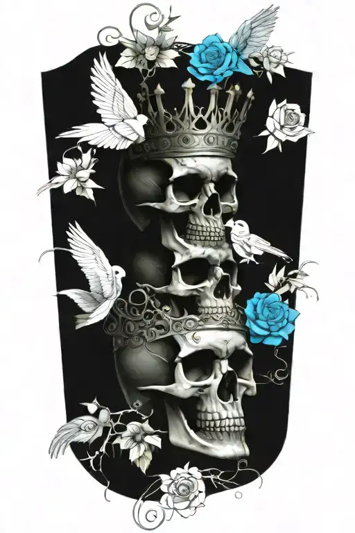 skull wearing crown with raven on and blue roses intertwined tattoo design idea