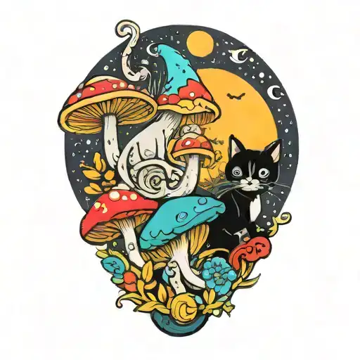colorful mushroom with black cat and moon tattoo  tattoo design idea