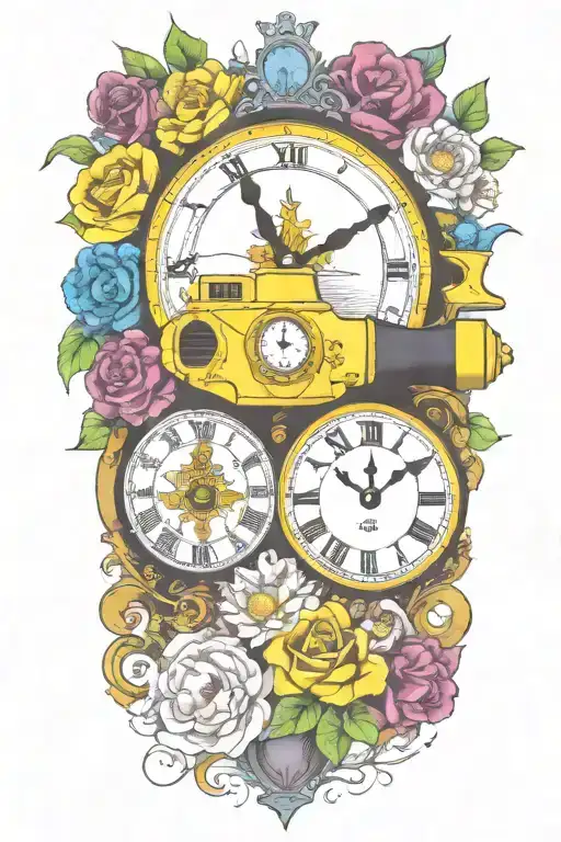yellow submarine with colorful flowers and clock and rainbow  tattoo design idea