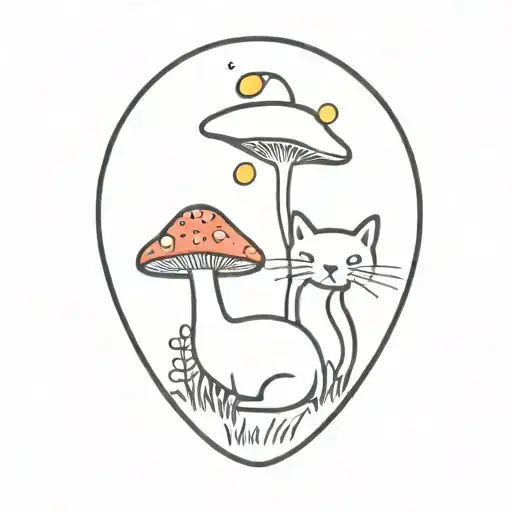 colorful mushroom with black cat tattoo design idea