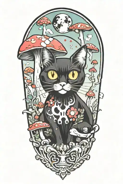black cat with 3 eye balls and trippy colorful mushrooms with moon melting  tattoo design idea