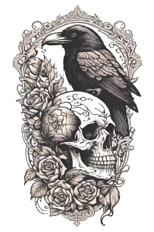raven and crystals with skull tattoo design idea