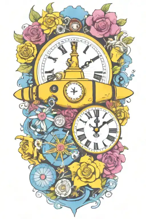 yellow submarine with colorful flowers and clock and rainbow  tattoo design idea