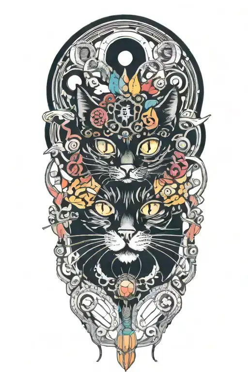 black cat with 3 eye balls and trippy colorful mushrooms with moon melting  tattoo design idea