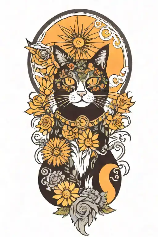 black hippie cat with trippy flowers and sun with peace sign tattoo design idea