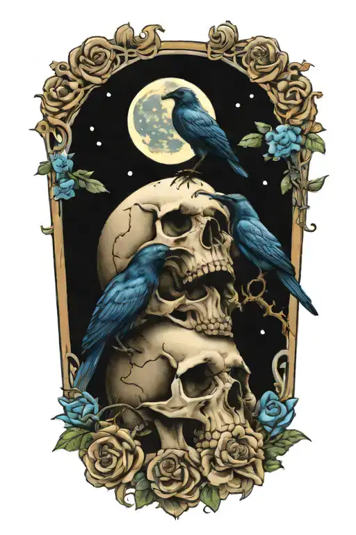 moon and raven perched on a skull with blue roses  tattoo design idea