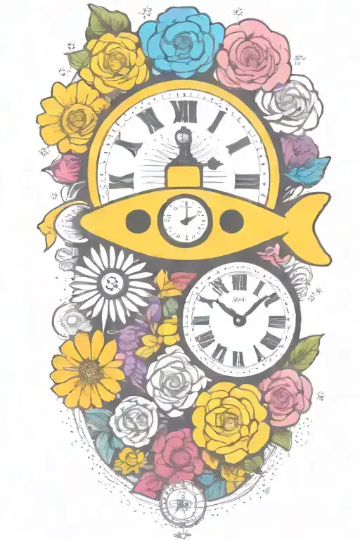 yellow submarine with colorful flowers and clock and rainbow  tattoo design idea
