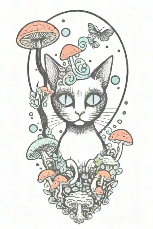 black cat with 3 eye balls and trippy colorful mushrooms with moon melting  tattoo design idea