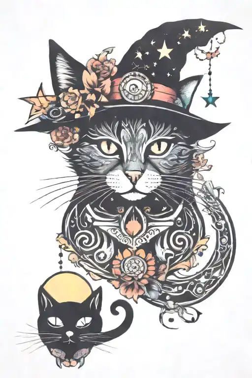 witch cat with moon and stars and colorful mushrooms trippy  tattoo design idea