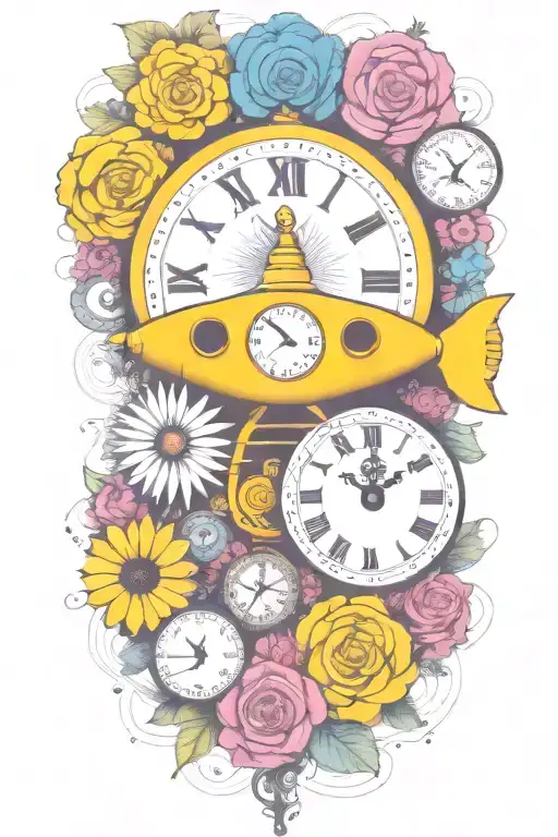 yellow submarine with colorful flowers and clock and rainbow  tattoo design idea