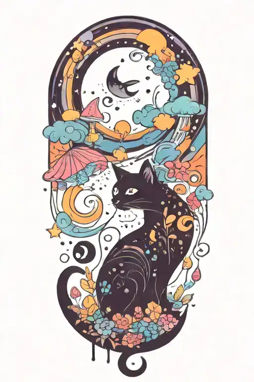 black cat with colorful mushrooms and crescent moon and clouds and stars melting  tattoo design idea