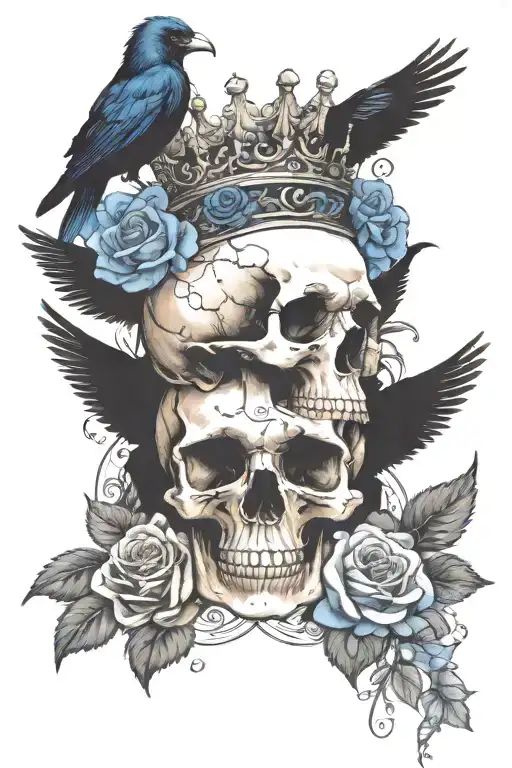 skull wearing crown with raven on headand blue roses intertwined tattoo design idea