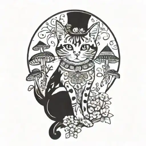hippie cat and mushrooms  tattoo design idea