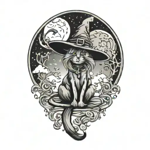 witch cat and moon tattoo design idea