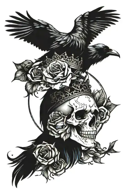 raven wearing crown with blue rose and skull tattoo design idea