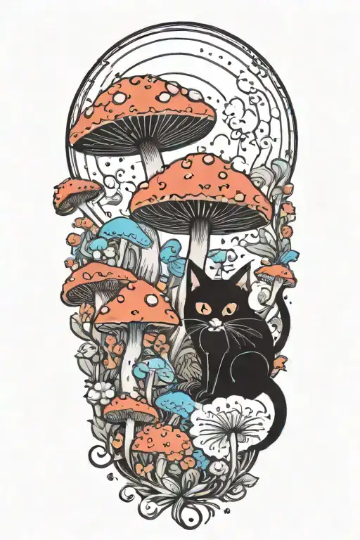 black cat and trippy colorful mushrooms with moon  tattoo design idea