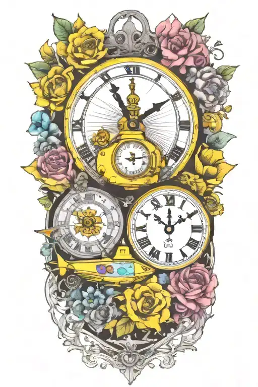 yellow submarine with colorful flowers and clock and rainbow  tattoo design idea