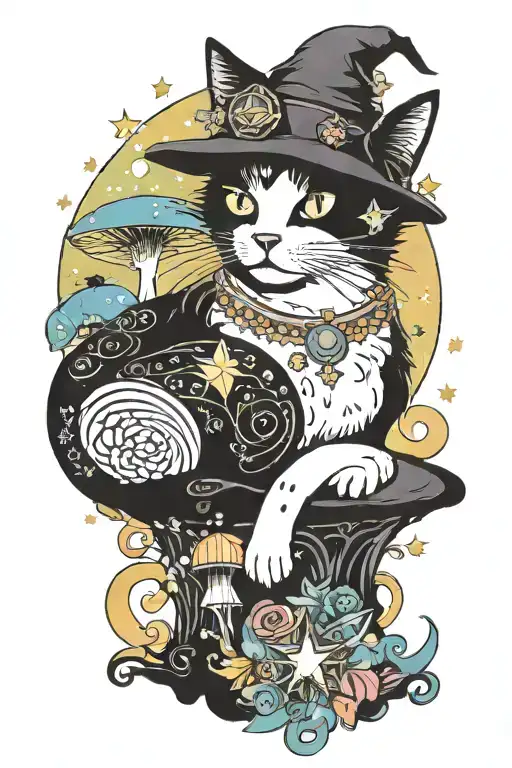 witch cat with moon and stars and colorful mushrooms trippy  tattoo design idea
