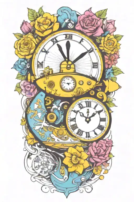 yellow submarine with colorful flowers and clock and rainbow  tattoo design idea