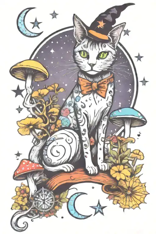 witch cat with moon and stars and colorful mushrooms trippy  tattoo design idea