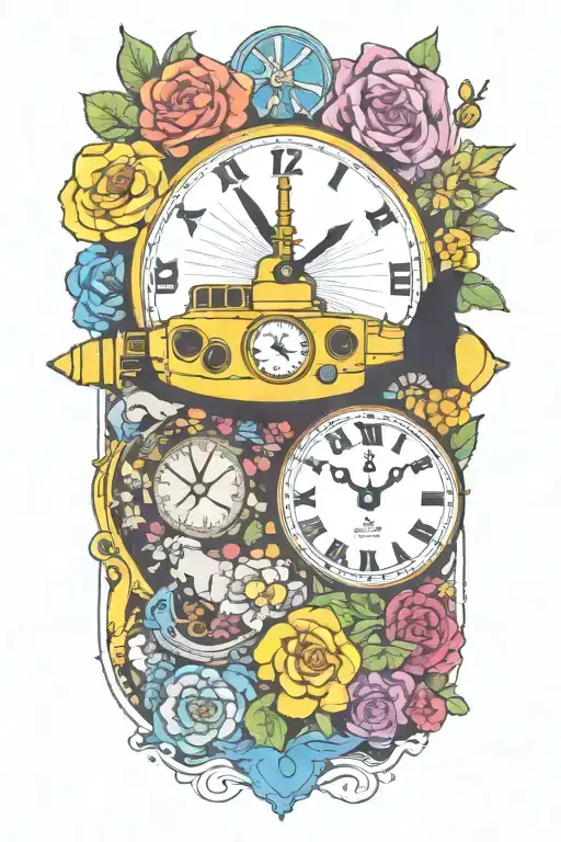 yellow submarine with colorful flowers and clock and rainbow  tattoo design idea