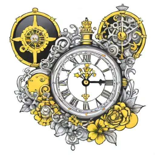 yellow submarine with flowers colorful and clocks tattoo design idea