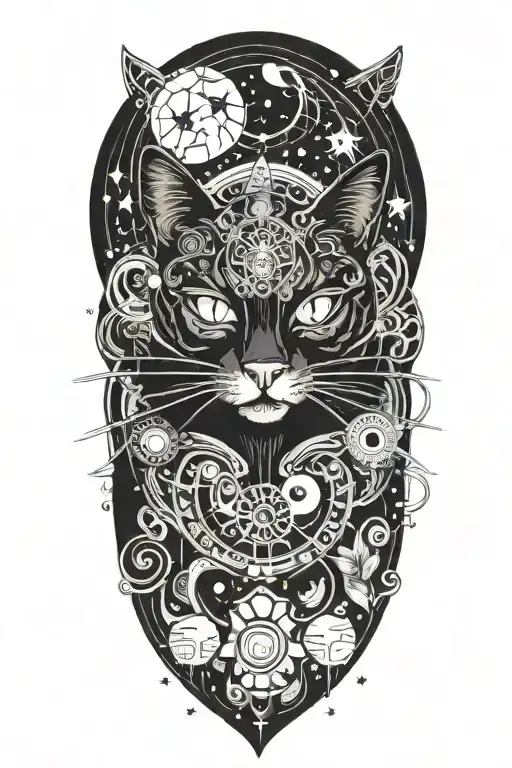 black cat with 3 eyes with colorful mushrooms and crescent moon and clouds and stars and sun tattoo design idea