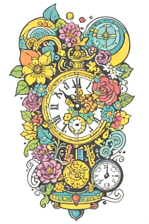 yellow submarine with colorful flowers and clock and rainbow  tattoo design idea
