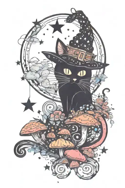 witch cat with moon and stars and colorful mushrooms trippy  tattoo design idea