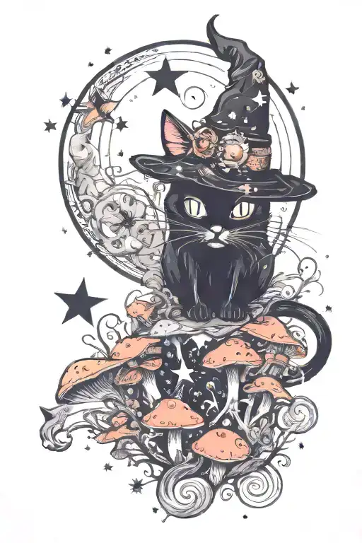 witch cat with moon and stars and colorful mushrooms trippy  tattoo design idea