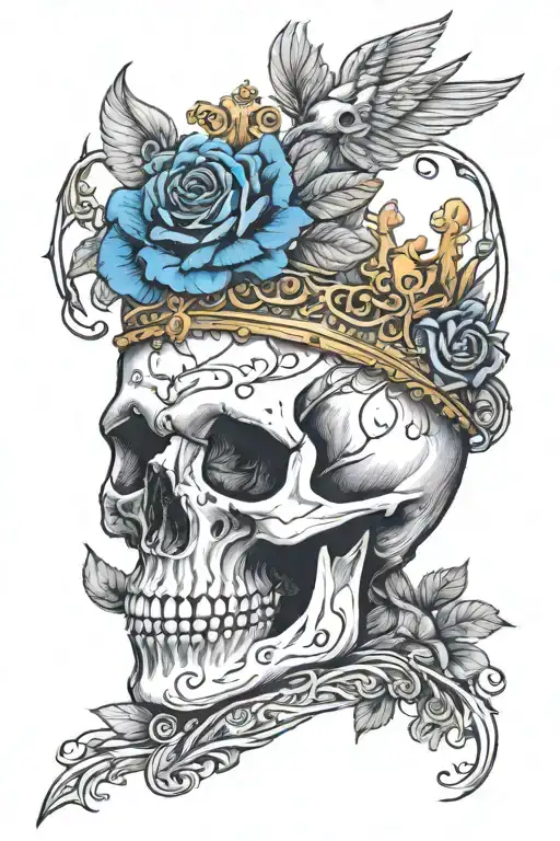 skull wearing crown with raven on and blue roses intertwined tattoo design idea