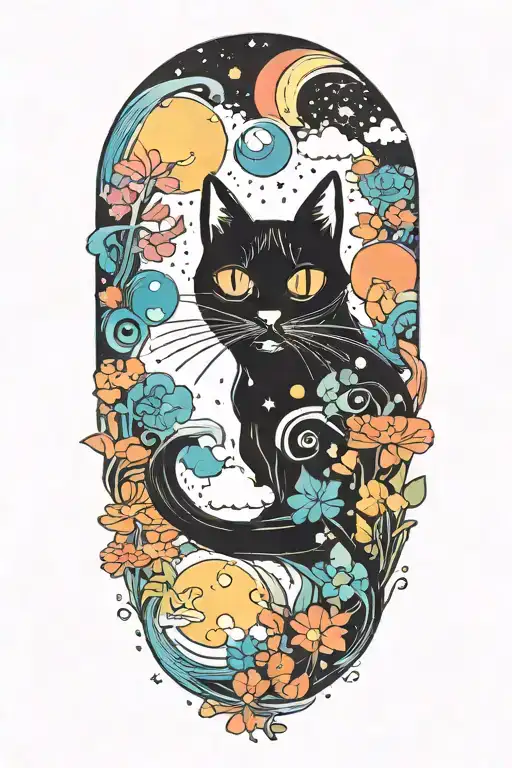 black cat with colorful mushrooms and crescent moon and clouds and stars melting  tattoo design idea