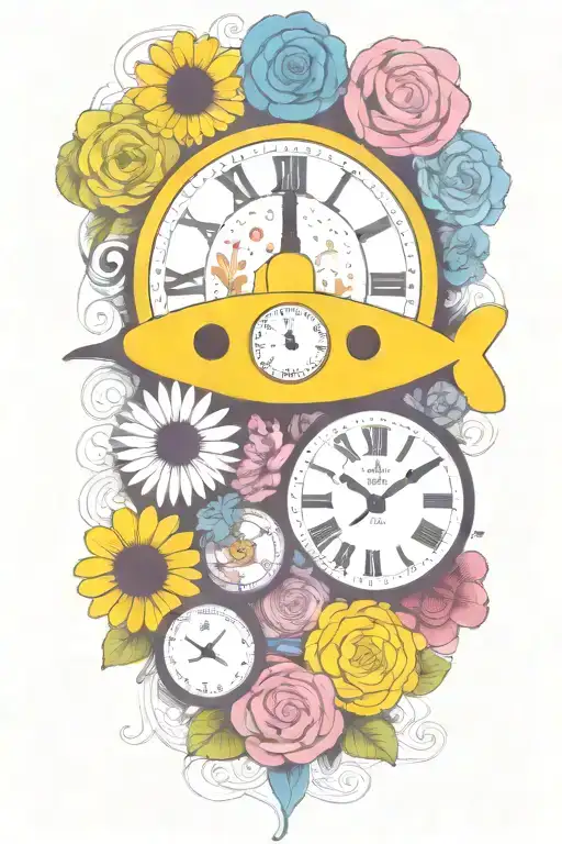 yellow submarine with colorful flowers and clock and rainbow  tattoo design idea