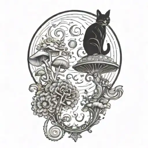moon with black cat and colorful mushrooms tattoo design idea