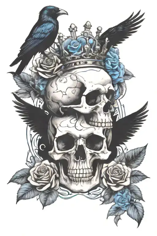 skull wearing crown with raven on headand blue roses intertwined tattoo design idea