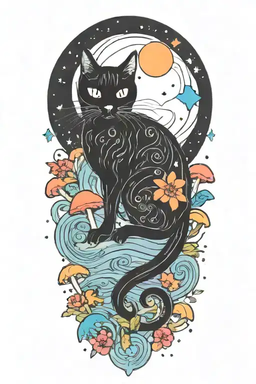 black cat with colorful mushrooms and crescent moon and clouds and stars melting  tattoo design idea